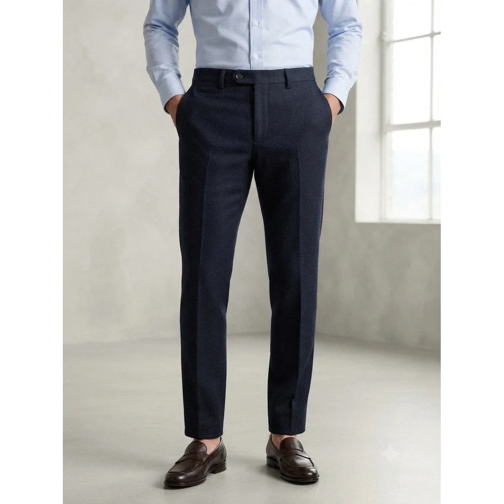 Men's Navy Blue Dress Trousers Slim Fit Flat Front Tailored Pants Size 31/30